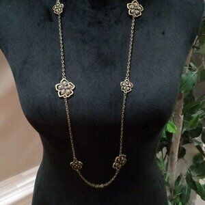 Women Fashion Chunky Gold Tone Carved Charm Floral Art Long Chain Necklace